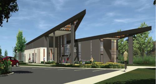 Artist rendering of the entrance of the new West Branch Library, located at the Wright Factory site