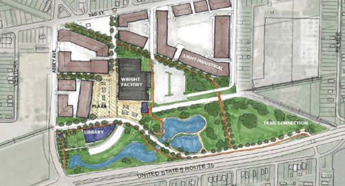 Artist rendering of a master plan showing possible building layouts for the Wright Factory site