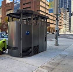The free-standing outdoor restroom called the Portland Loo outside of City Hall in Dayton, Ohio.