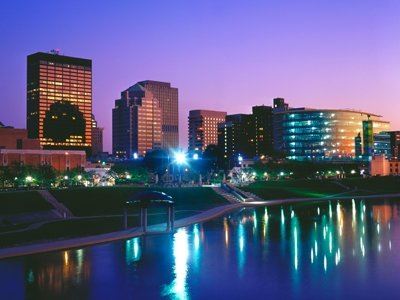 City of Dayton skyline at night with river
