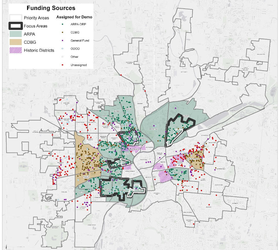 Map of demolitions and their funding sources in the Dayton region