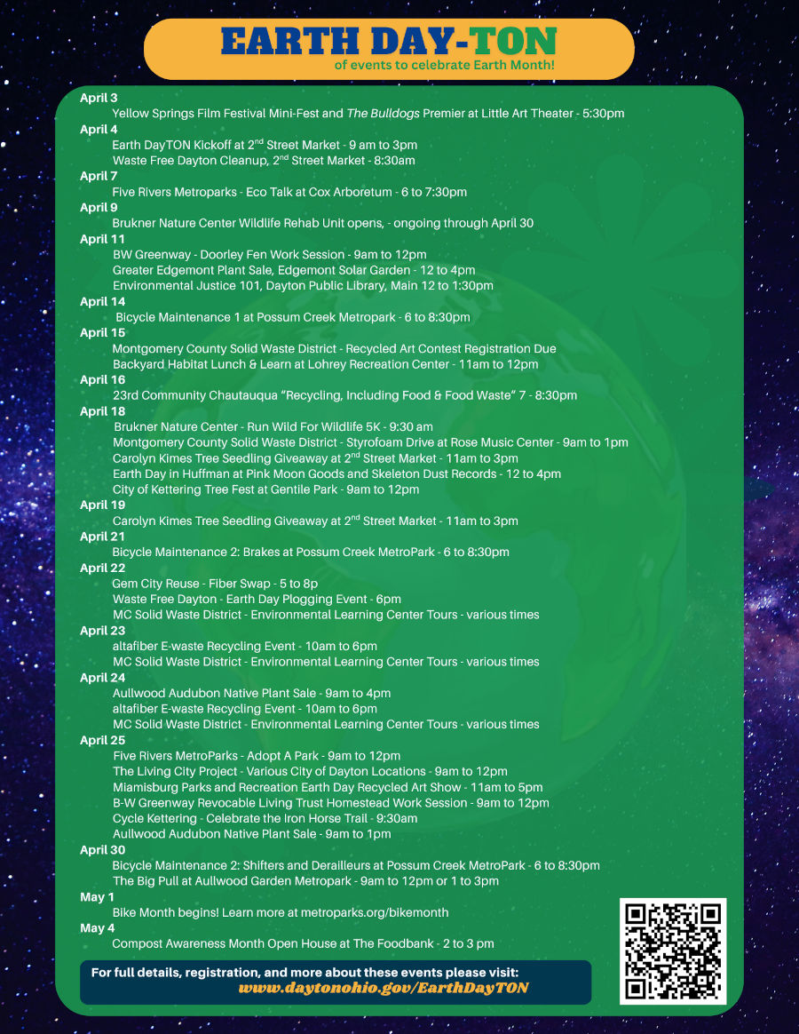 Flyer promoting Earth Day events in Dayton in 2026. Text version available below.